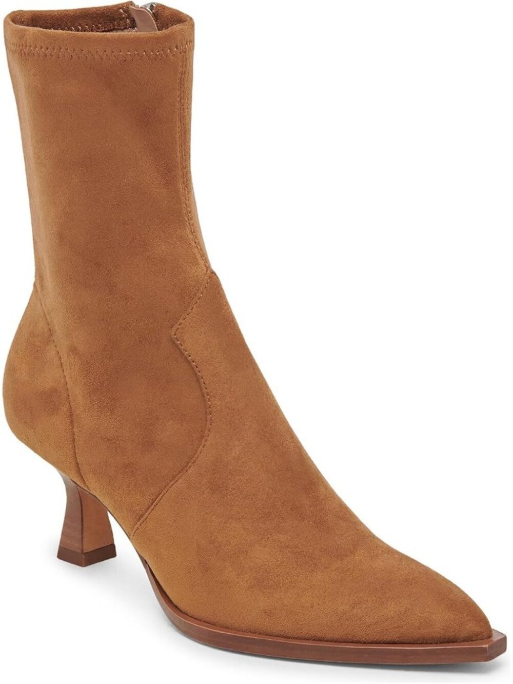 Women's Brown Suede Pointy Toe Stacked Kitten Heels Side Zipper Short Ankle Boot
